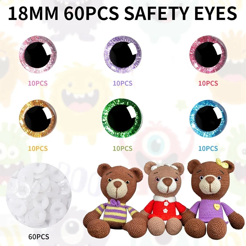 120 PCS 18Mm 3D Glitter Plastic Safety Eyes Round Craft Crochet Doll Eyes With Washers Stuffed Animal Eyes For DIY