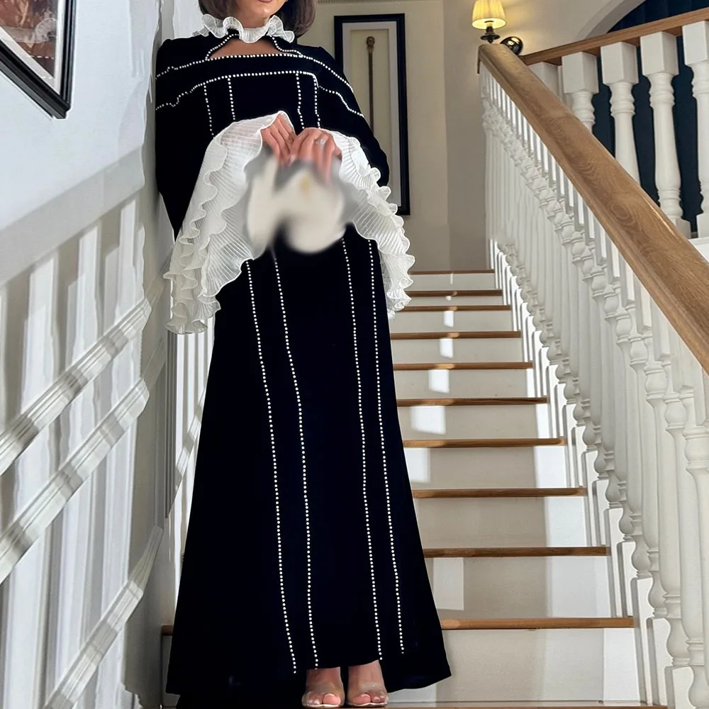 

Customized A-Line Prom Dresses Floor-Length High-Neck Full Sleeve Evening Gown Fashion Beading Ruched Simple Draped Party Gown