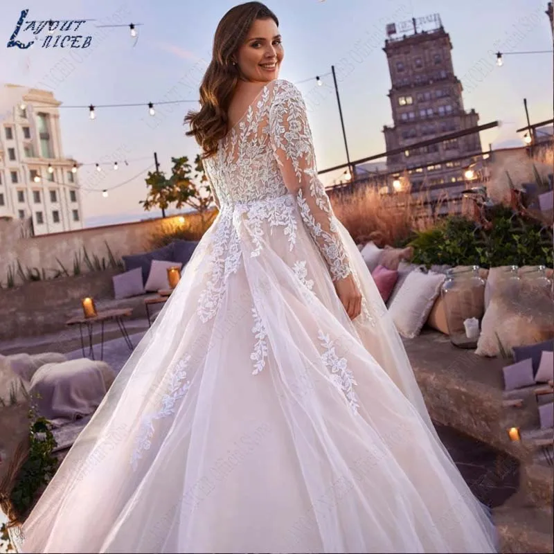 LAYOUT NICEB-elegantes vestidos de casamento com decote em v para mulheres, renda plus size, manga comprida, vestido nupcial de tule