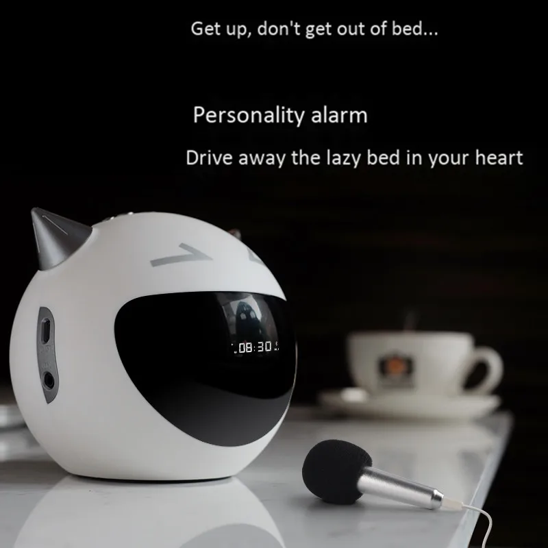 Portable Bluetooth Speaker Bedside LED Alarm Clock K Song Microphone FM Radio Wireless Audio AUX TF Card Player MP3 Robot Table