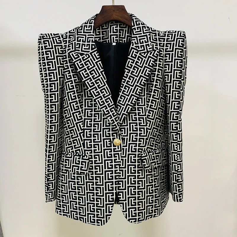 HIGH QUALITY Newest 2024 Designer Stylish Jacket Women Peak Shoulder Geometric Monogram Jacquard Single Button Blazer