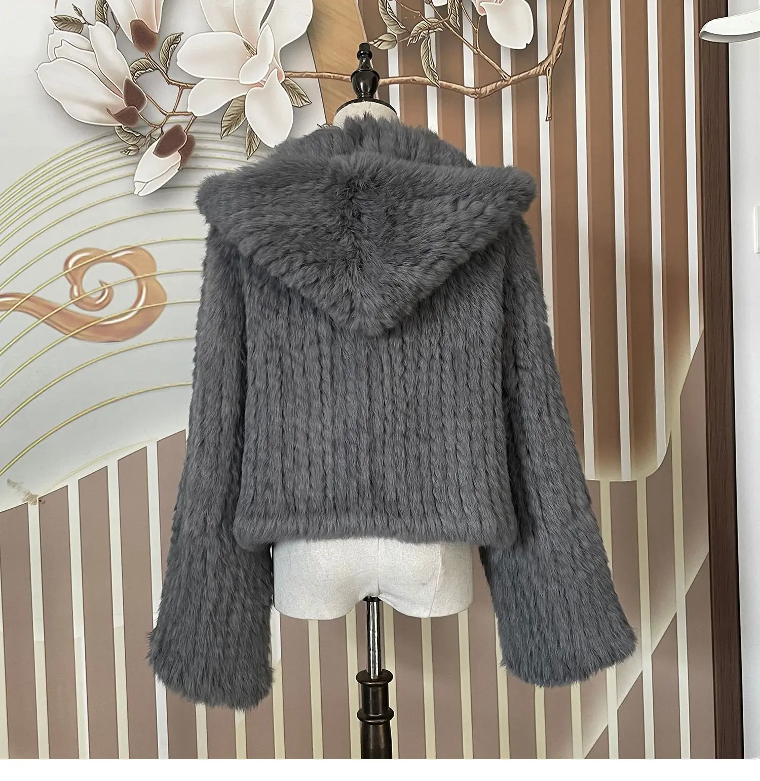 Long Sleeve Casual Loose Knitted Real Rabbit Fur Hooded Coat Women Genuine Natural Rabbit Fur Outwear Female Fur Jacket