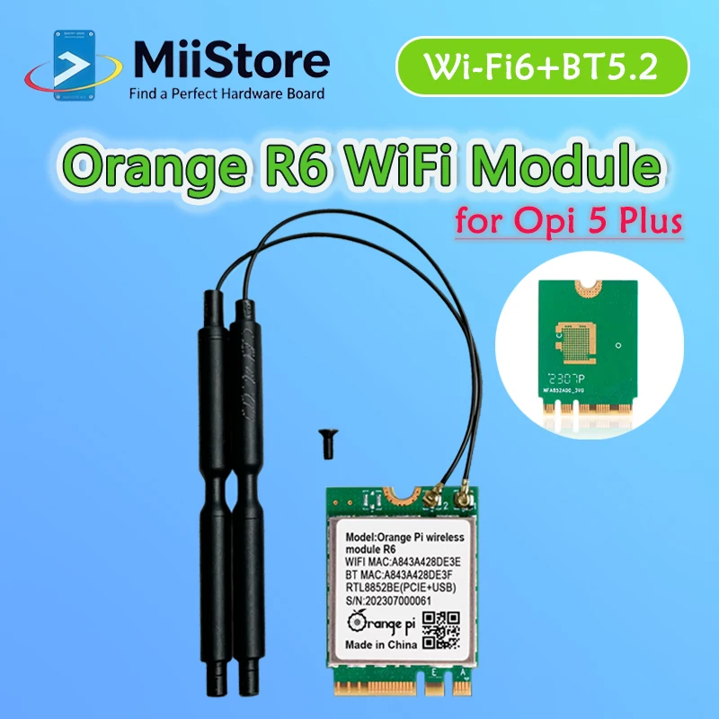 Orange Pi R6 WiFi Module for Orange 5 Plus Board, 2.4G/5G Dual Band Wi-Fi6+BT5.2 with PCIE M.2 E-Key Interface Wireless Module