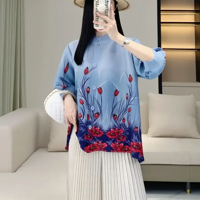 Pleats Pleated Temperament Jacket Women 2024 Summer New Chinese Print Niche Design Cardigan Tops Women's Plus Size Clothing