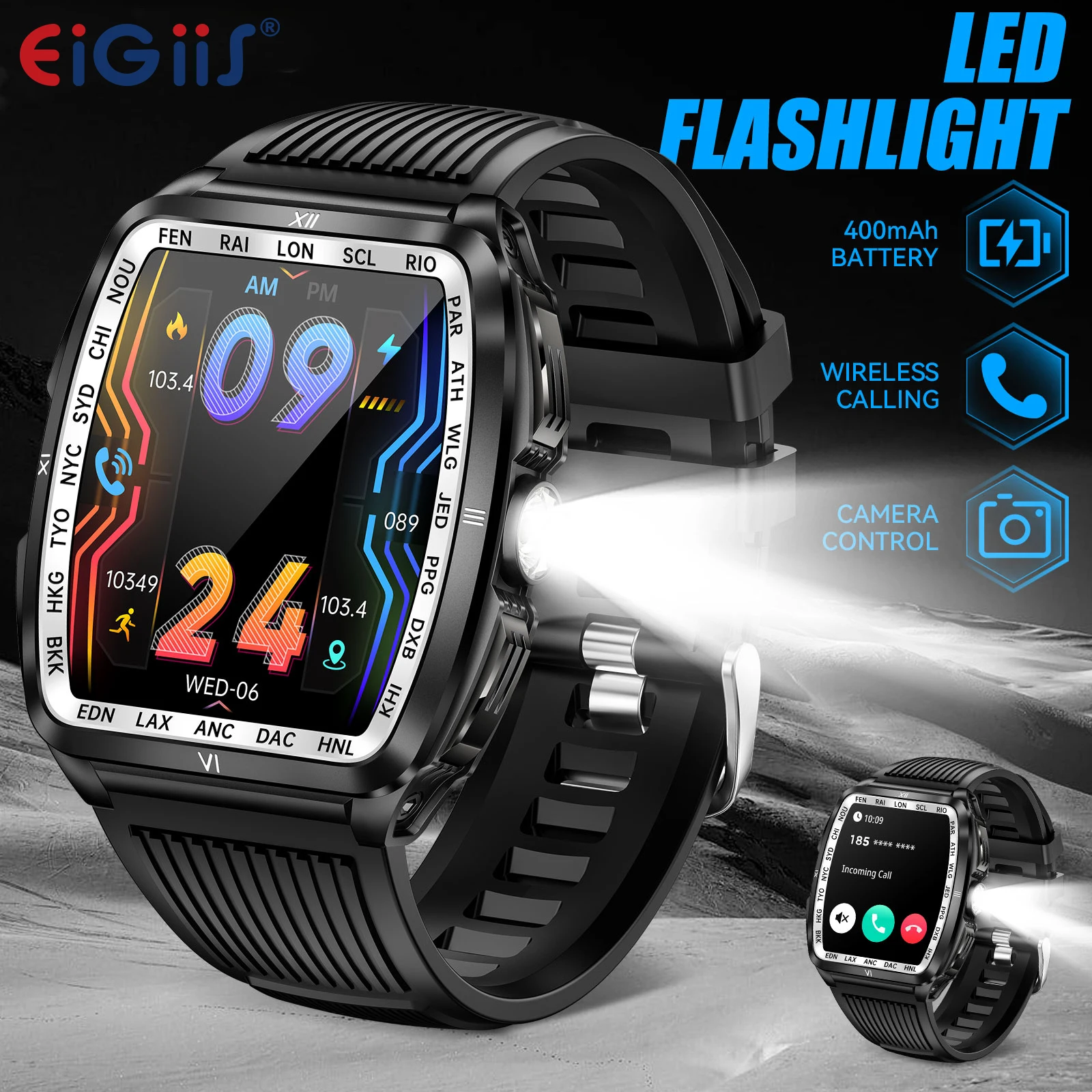EIGIIS Smart Watches for Men with LED Flashlight 5ATM Waterproof with HR/SPO2/Sleep Monitor and 100+ Sports Modes SmartWatches