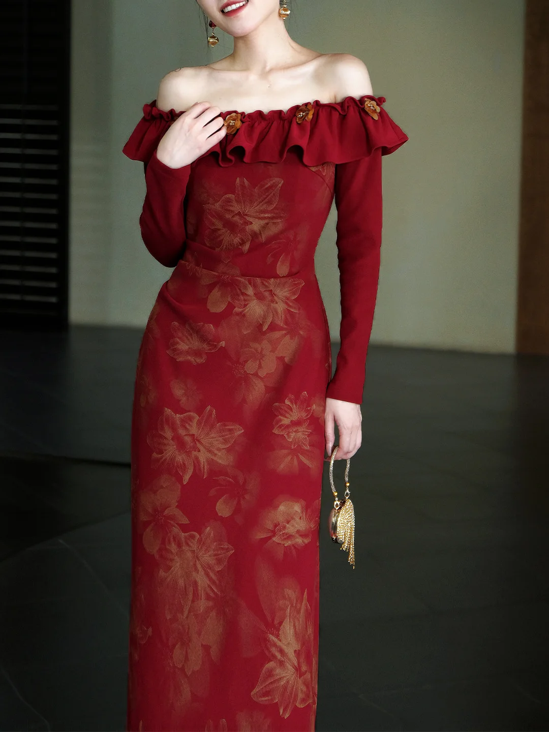 

Элегантное красное приталенное платье на одно плечо с длинным рукавом и цветочным принтом для свадьбы, юбилея, вечеринки, выступления, повседневное длинное платье