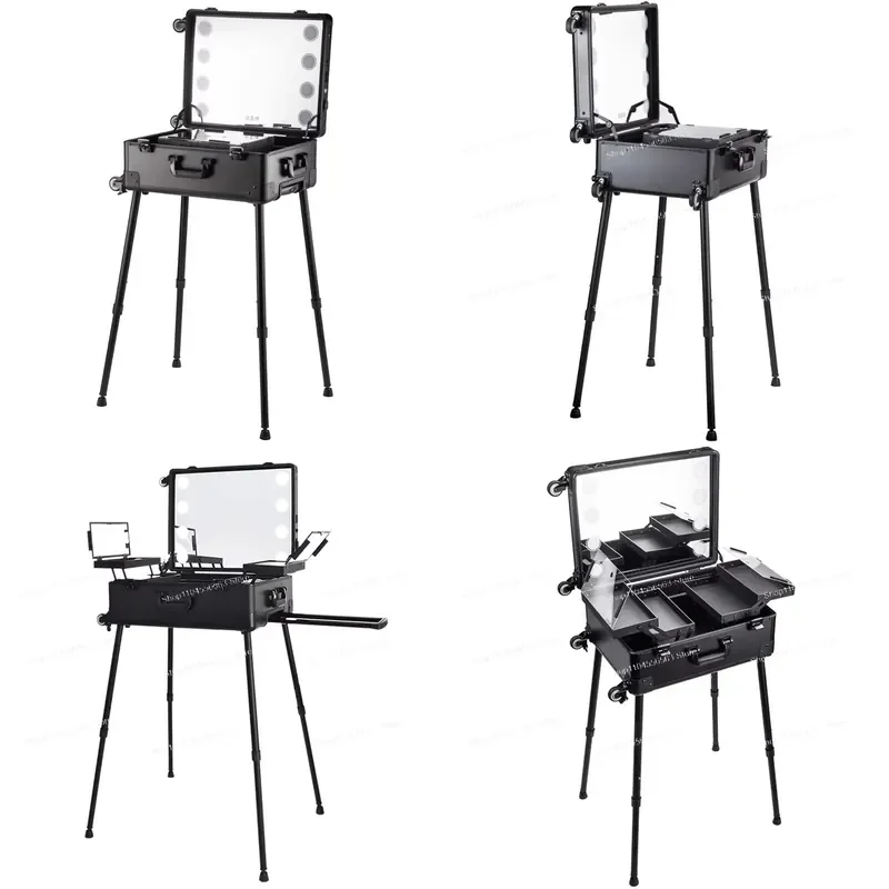 Aluminum Alloy Trolley Cosmetic Case with Lamp and Mirror, Professional Follow-up Artist, Makeup Artist Toolbox