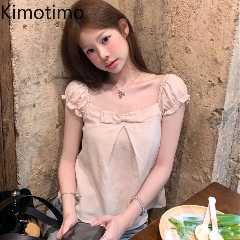 Kimotimo Sweet Bow Short Sleeve Shirts Women Summer New Square Collar Versatile Crop Top Japanese Y2k Aesthetic Blouse Blusas