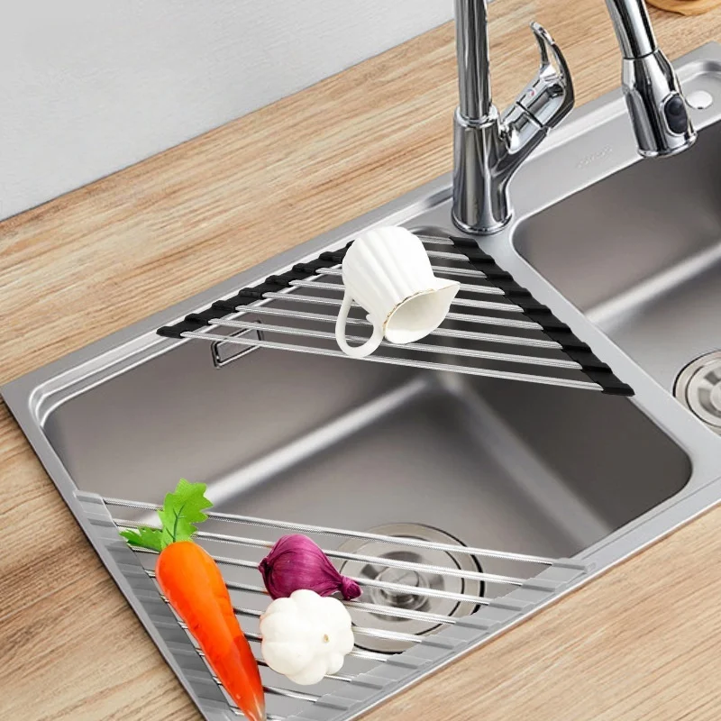 Roll Up Triangle Dish Drying Rack Kitchen Sink Organizer Corner Over the Sink Sponge Rag Holder Foldable Stainless Steel Drainer
