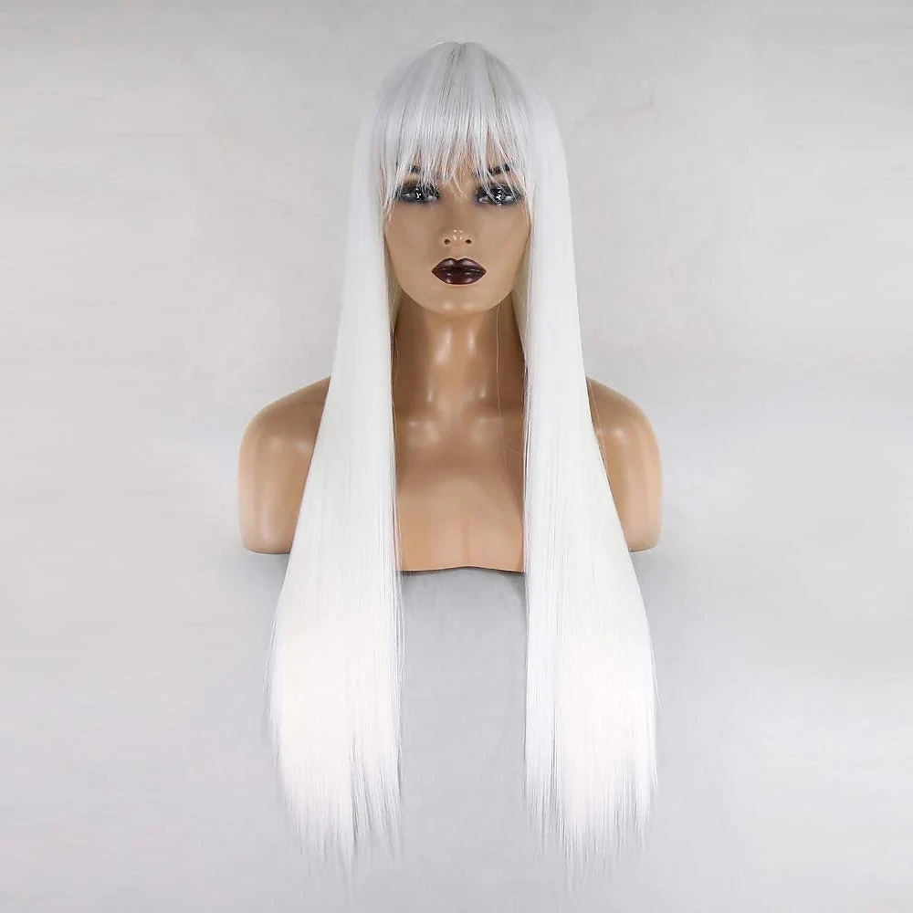 Long Straight White Synthetic None Lace Front Wig with Bangs for Women Natural Middle Part Color Cosplay Daily Wear Wigs