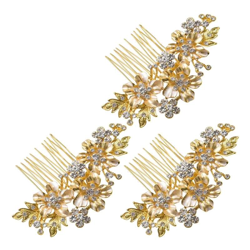 

3X Wedding Bridal Hair Combs Vintage Imitation Crystal Hairpins Prom Jewelry Gold Silver Flower Pattern Women Gold