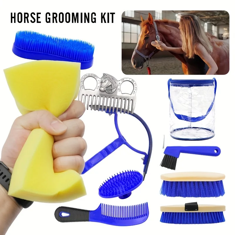 Horse Care Kit, A Full Set of Ten Horse Bath Cleaning Tools, Including Brushes, Combs, and Sweat Scraping