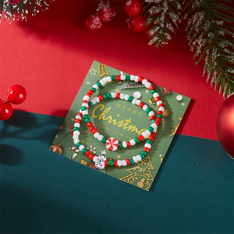 Christmas Colorful Rice Beads Bracelets for Women Polymer Clay Santa Claus Snowman Snowflake Bracelet New Year Holiday Jewelry