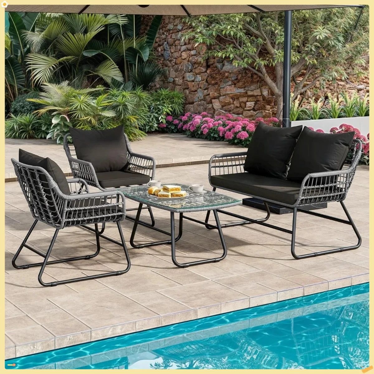 Set di mobili da giardino per esterni da 4 pezzi, set da conversazione in rattan di vimini PE per tutte le stagioni con morbidi cuscini e tavolo in metallo