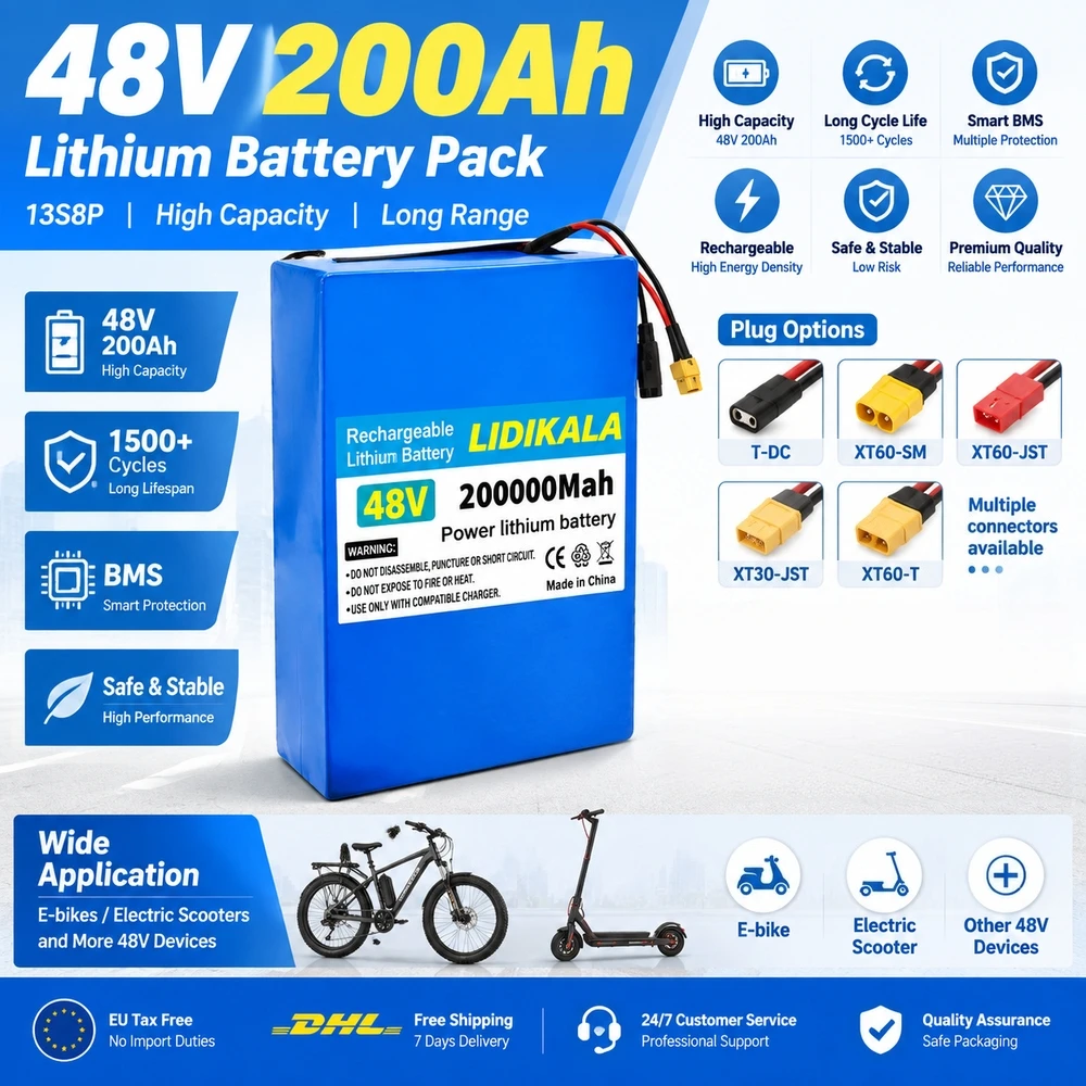 18650 Lithium-Akkupack 13S8P 48V200000mAh 200Ah Große Kapazität Geeignet für 48V 250-2000W Eingebautes BMS+54,6V2A Ladegerät