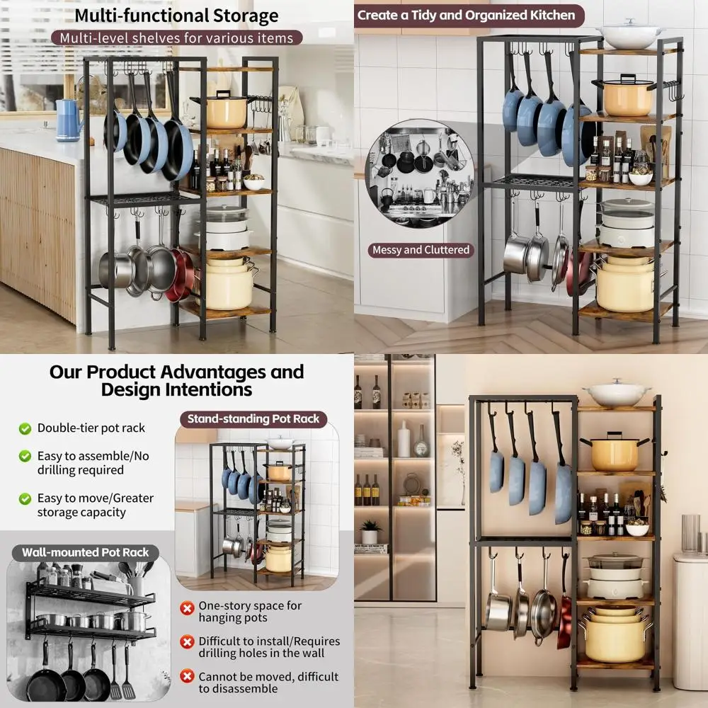 

5-Tier Metal Pot and Pan Rack with Hooks for Kitchen Storage of Cookware, Dishes, and Utensils