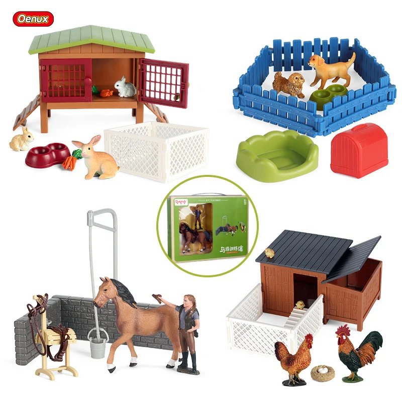 Oenux Simulation Funny Farm Animal Jouet Horse Stable Farmer Cow Rabbit Model Action Figures Playset Kid Education Xmas Gift Toy