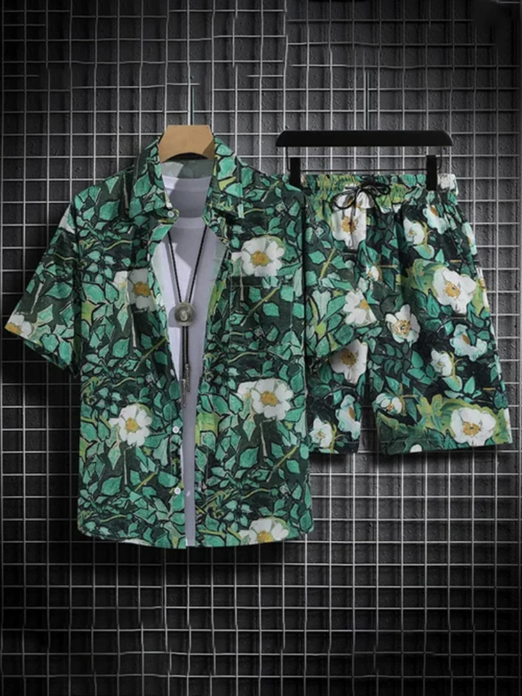 Set kemeja lengan pendek kasual pendek dan celana pendek, Set kemeja pantai gaya Hawaii motif telapak tangan untuk pria musim panas