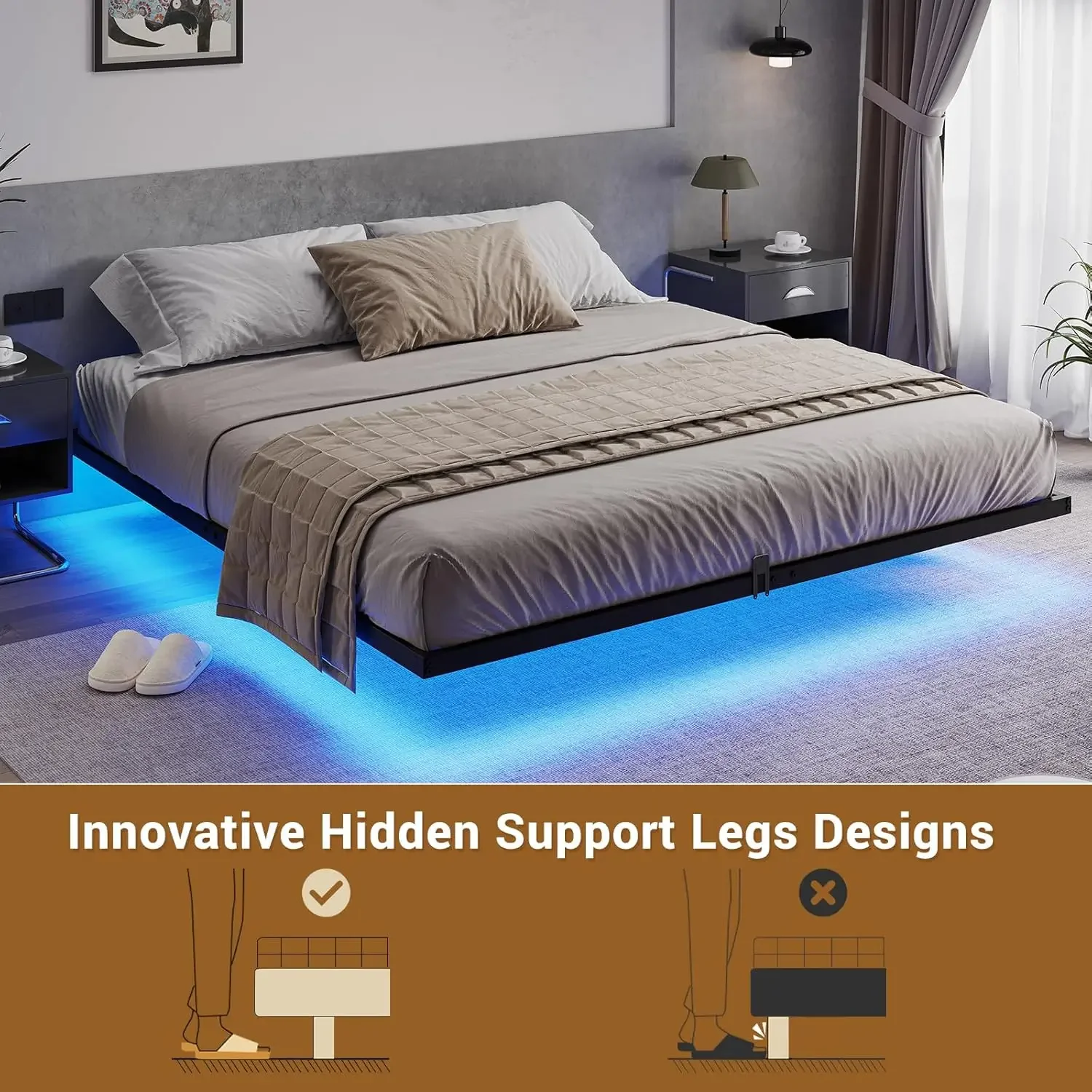 Floating Bed Frame King Size w/ LED Lights, Metal Platform King Bed, No Box Spring Needed, Easy to Assemble (King) USA