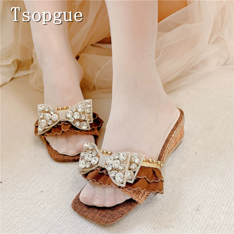 Women Sparkling Rhinestone Bow Ruffle Mules Straw Woven Platform Wedge Slides Holiday Beach Daily Wear Summer Casual Slippers