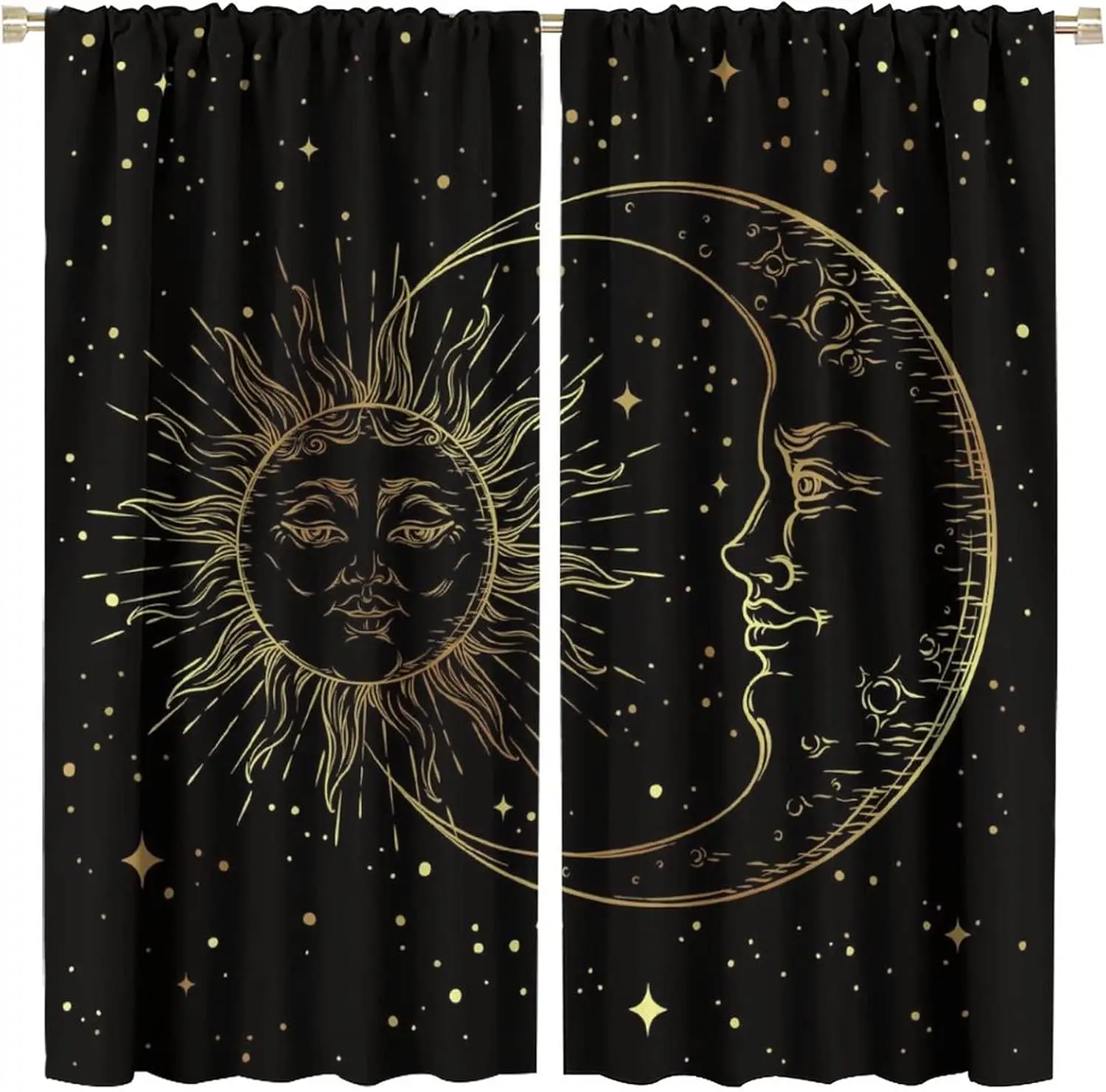 Aesthetic Sun Moon Astrology Window Curtain Black Background Gold Foil Celestial Zodiac Stars Translucent Drapes for Bedroom Dec