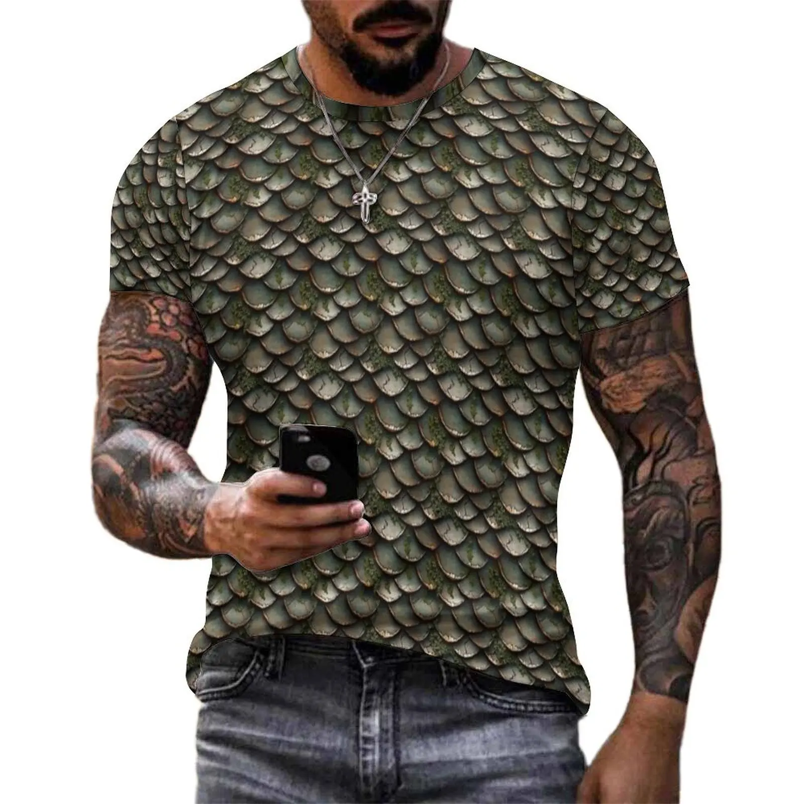 Vintage Moss Scale Print T-Shirt  Mens Harajuku T-Shirts Premium Graphic Tees Short Sleeves EMO Casual Plus Size Tops Gift