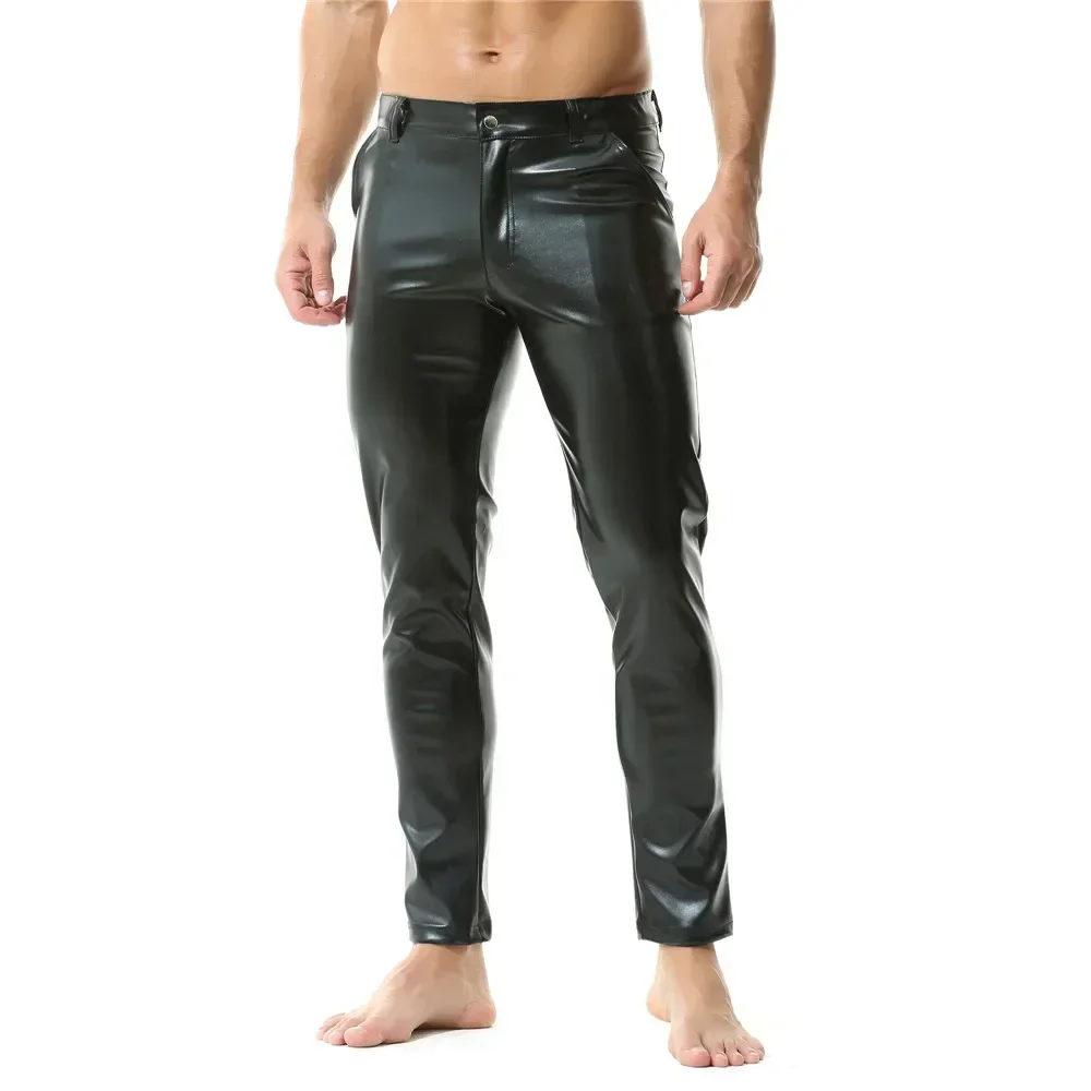 Mens Casual Zipper Faux Leather Pants Men Streetwear Nightclub Straight Trousers With Pockets Male Motorcycle Stage Short Pants