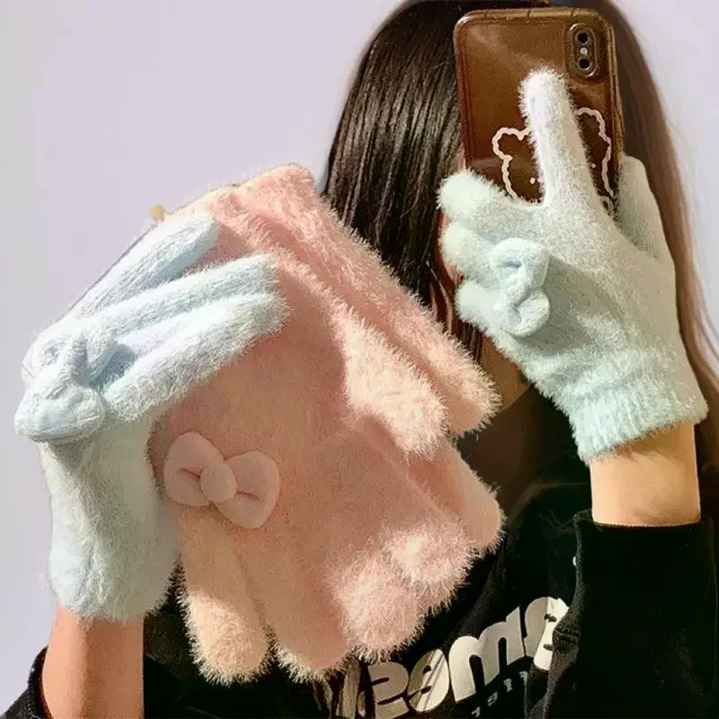 قفازات قطيفة مزينة بفيونكة ممتعة؛ قفازات شتوية معزولة للاستخدام المدرسي؛ إكسسوار نسائي عصري وهدية العيد #5