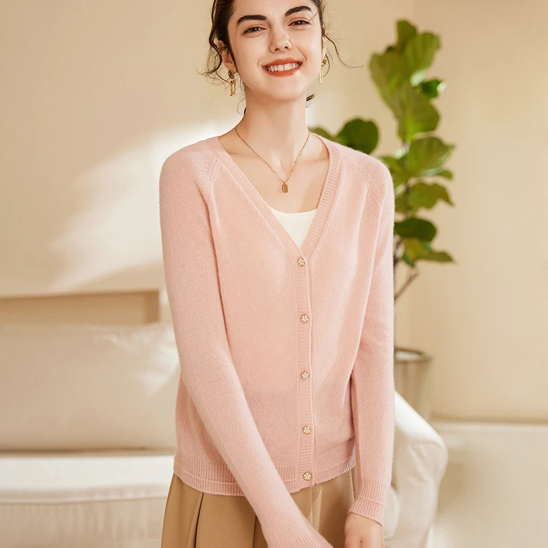 Women O-neck Cardigan For Spring Autumn 100% Cashmere Sweater Long Sleeve Pure Color Office Lady Basic Clothes Korean Style