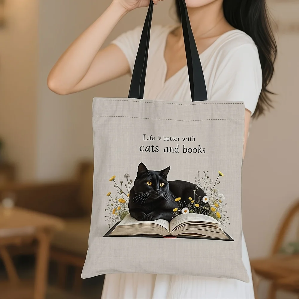 1pc Chic Black Cat & Books Design Canvas Tote Bag for Women - Reusable Shoulder Handbag Ideal for Travel, Shopping