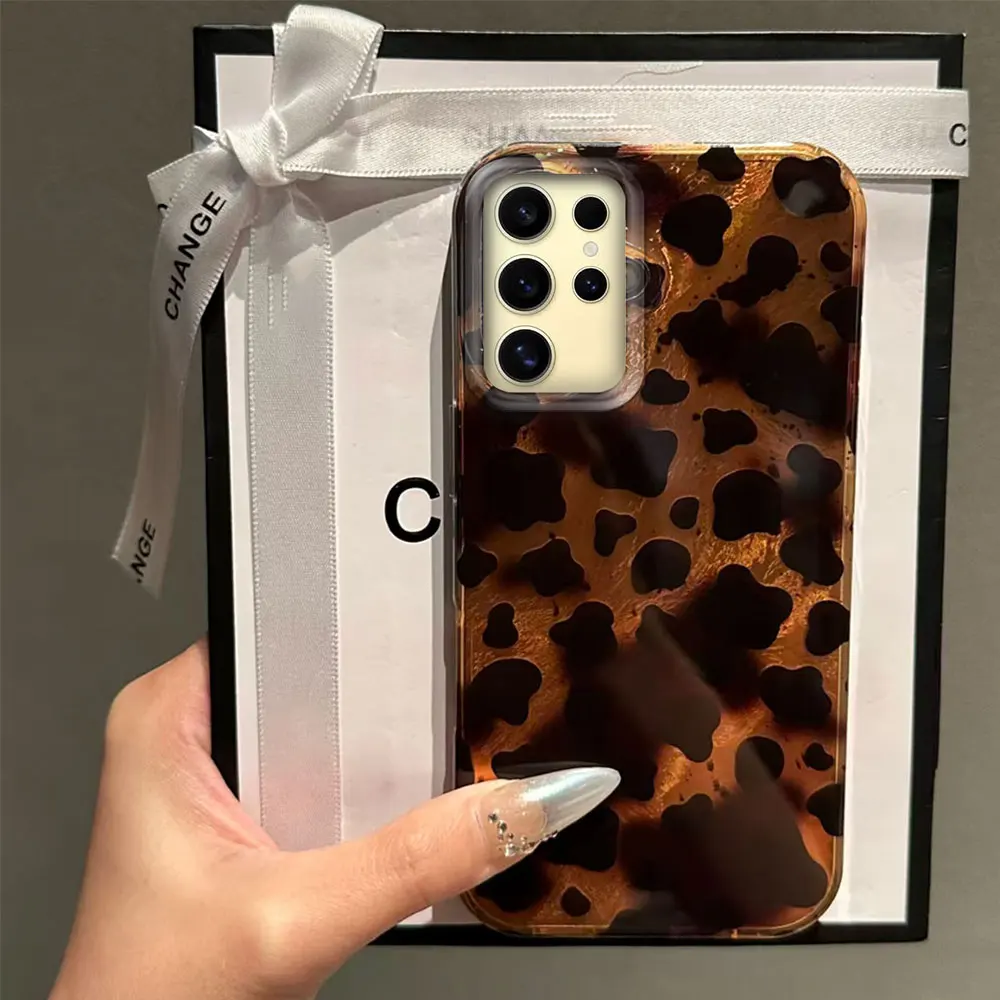 

Korean Gold Brown Leopard Print Women Gilrs Phone Case for Samsung Galaxy S25 S24 S23 S22 S21 S20 FE Plus Ultra Shell Back Cover