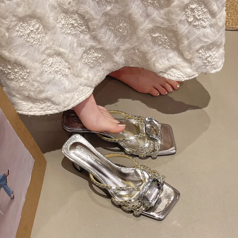 

Square Open Toe Rhinestone Embellishment Anti Slip Wear-resistant Hollow Out Comfortable Fashionable Elegant Slippers for Women