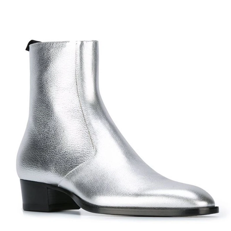 2026 New Design Men's Boots Shoes Pointed Toe Fashion Runway Show Leather Boots Men Personality Silver Party and Wedding Boots