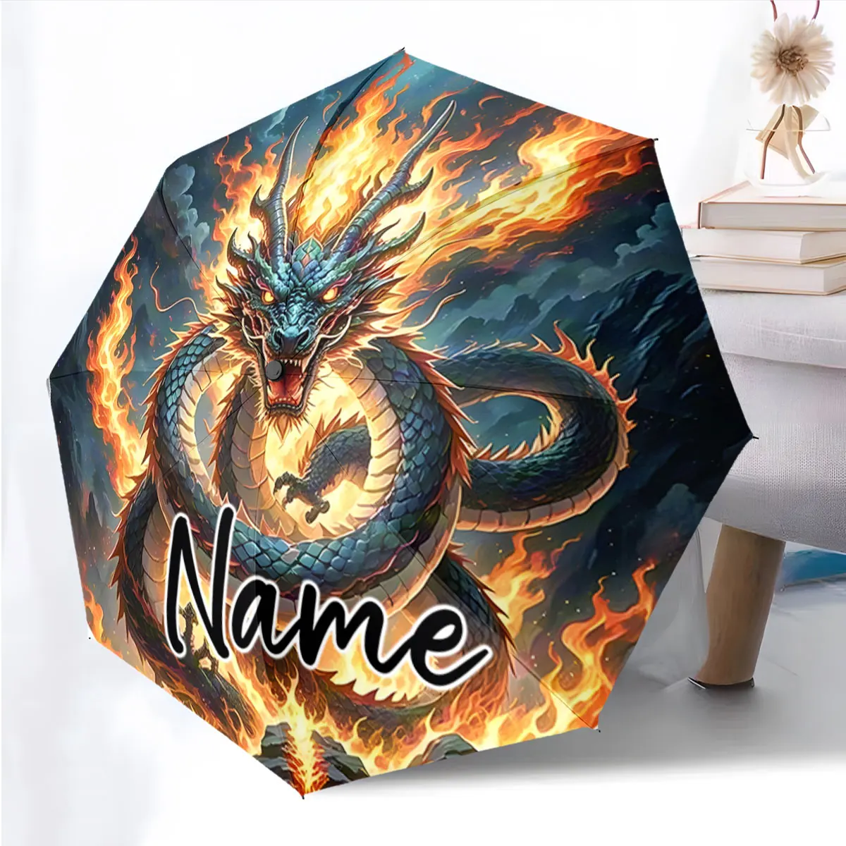 Custom Name Fiery Dragon-Themed Umbrella Design Print 8 Iron Ribs Folding Umbrella Auto-Open Fashion Sunshade