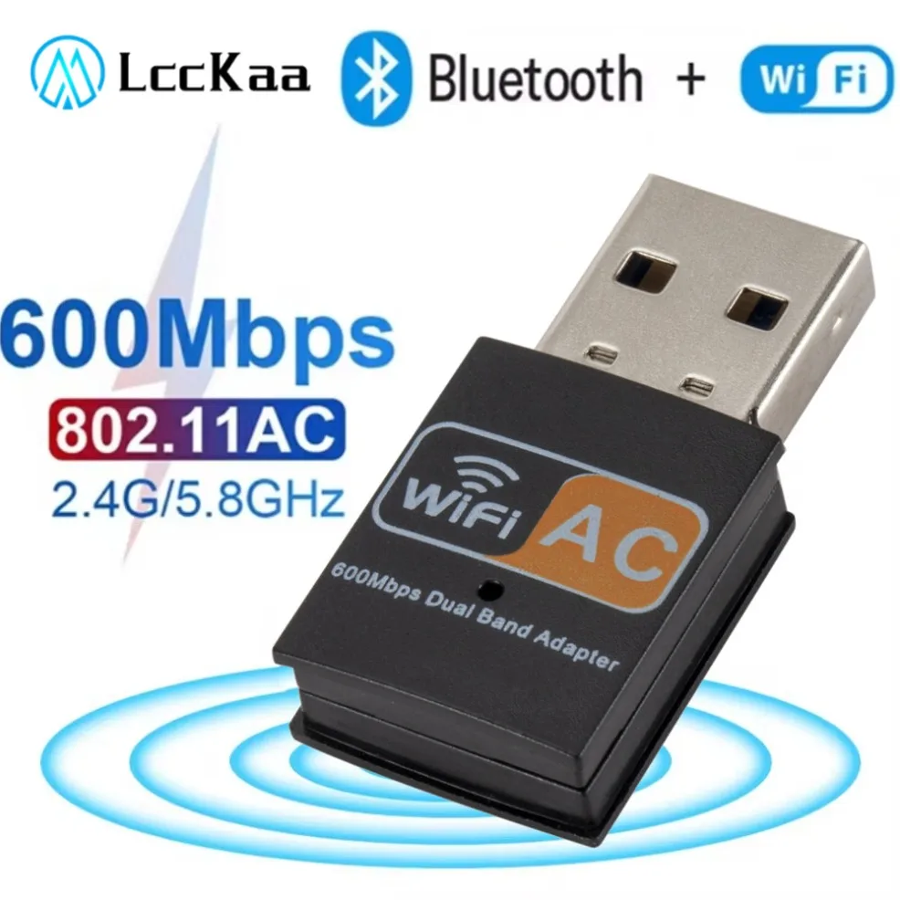 Adapter Bluetooth Dual Band 600Mbps USB WiFi, Dongle kartu jaringan penerima Wifi USB nirkabel 2.4/ 5.8Ghz untuk PC Laptop Desktop