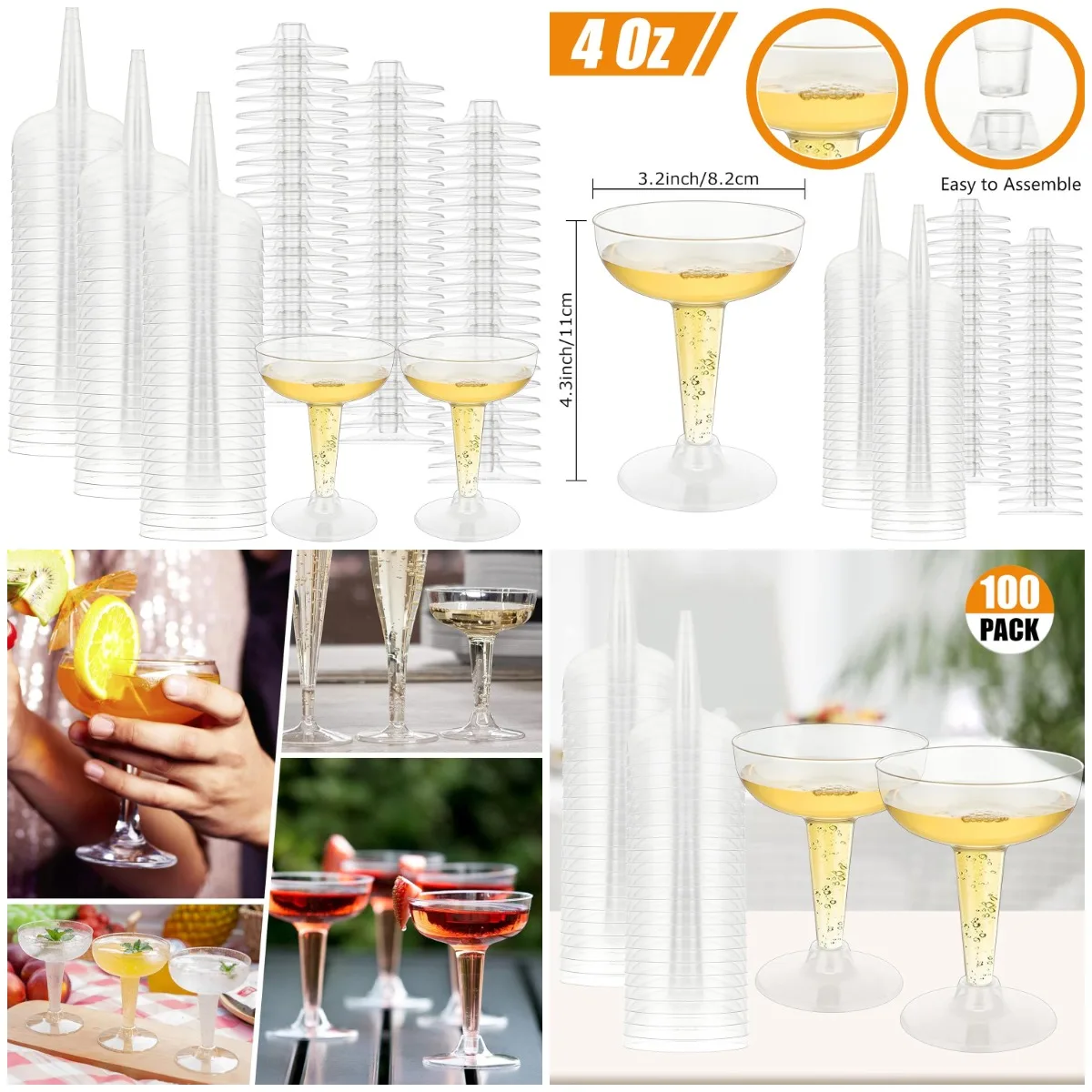 

100 упаковок одноразовых пластиковых бокалов для шампанского, прозрачные коктейльные чашки на 4 унции для свадьбы, дня рождения, мартини и Маргариты