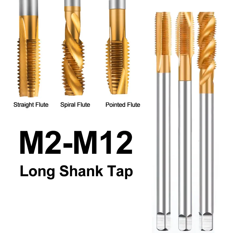 

1Pc Long Shank Machine Tap M2-M12 Metric Screw Thread Tap Drill Bit Pointed Spiral Straight Flute for Metalworking Tool