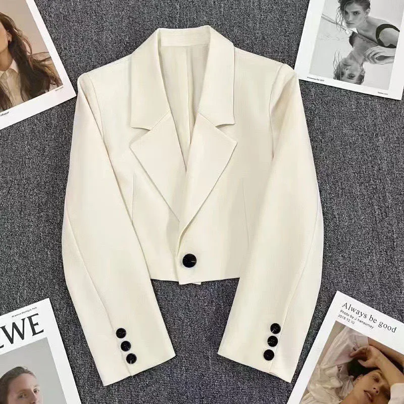 Xpqbb New Cropped Blazers Jacket Women 2024 Fashion All-match Single Button Suit Coat Ladies Korean Notched Collar Crop Jacket