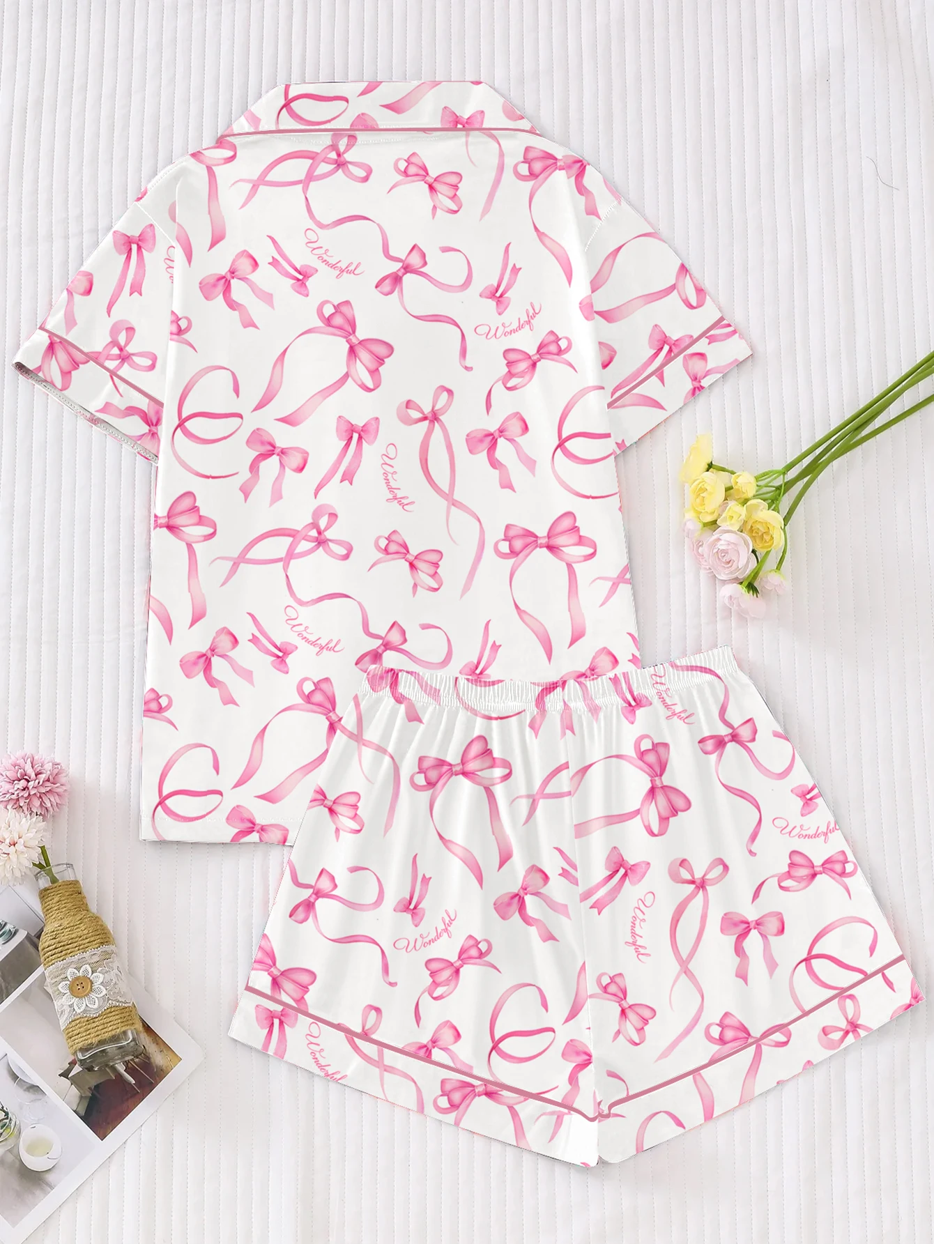 Standard Size Spring and Summer Women's Two-Piece Pajamas, Comfortable Short-Sleeved Tie Tops and Matching Shorts, Elegant Cardigan
