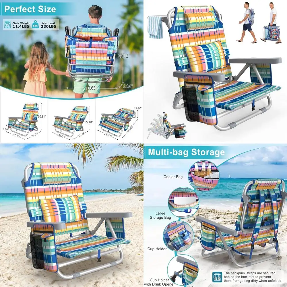 

Foldable 5-Position Beach Chair with Backpack, Cooler, Cup Holder, and Lumbar Support for All Ages