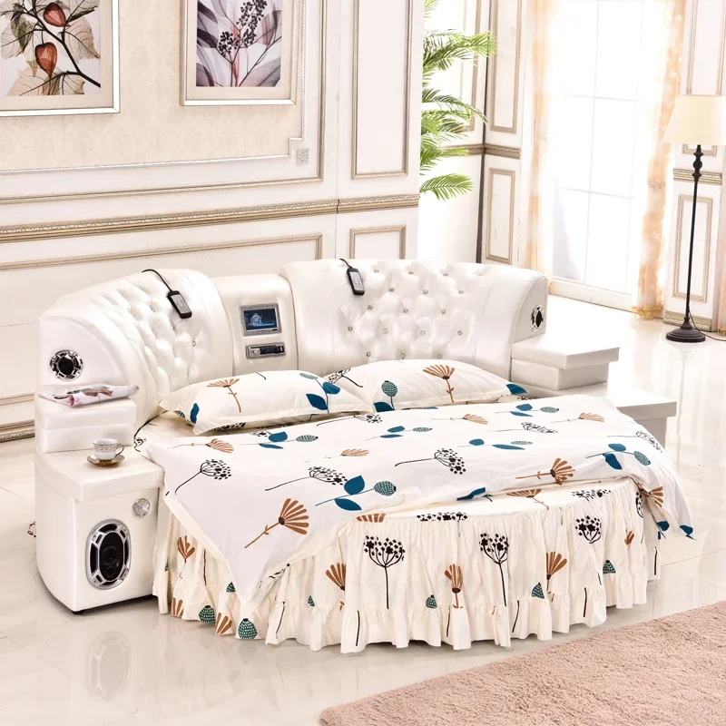 Leather Nordic Bed Teenage Girls Electronic Round Children Bed Modern Nightstands Somieres Y Marcos De Cama Home Furniture