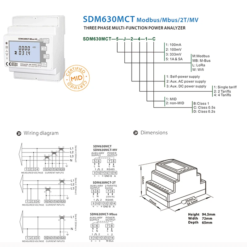 Imagem -05 - Multifunções Lcd Display Smart Meter Sdm630mct Mid Aprovado Fase Rs485 Modbus 1a 5a 333mv