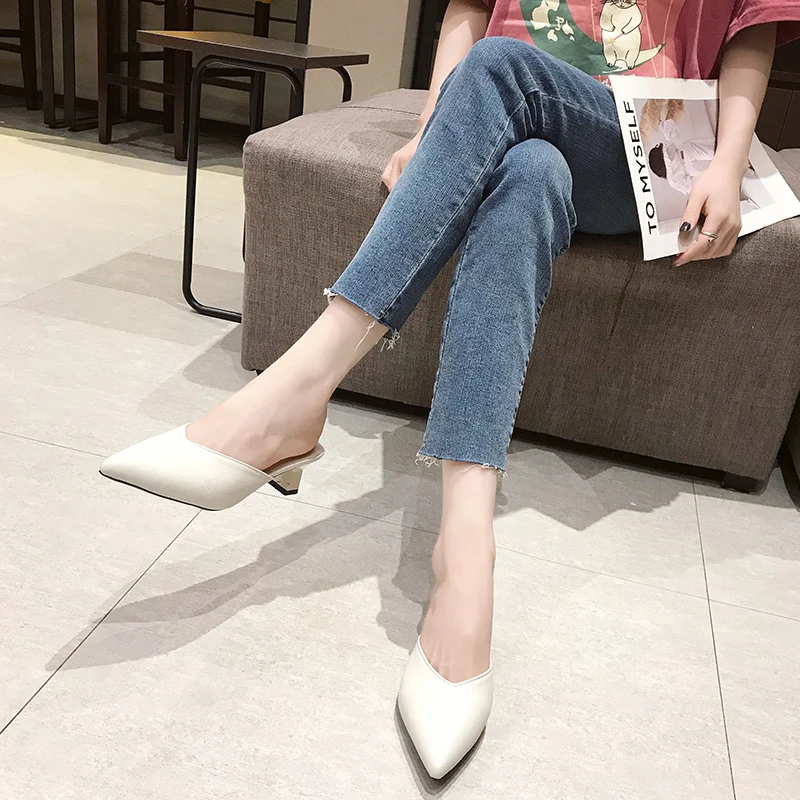 Summer Plus Size Women Kitten Heels Mules Slippers Fashion Silk Pointed Toes Med Heels Sweet Sandals Ladies Thin Heels