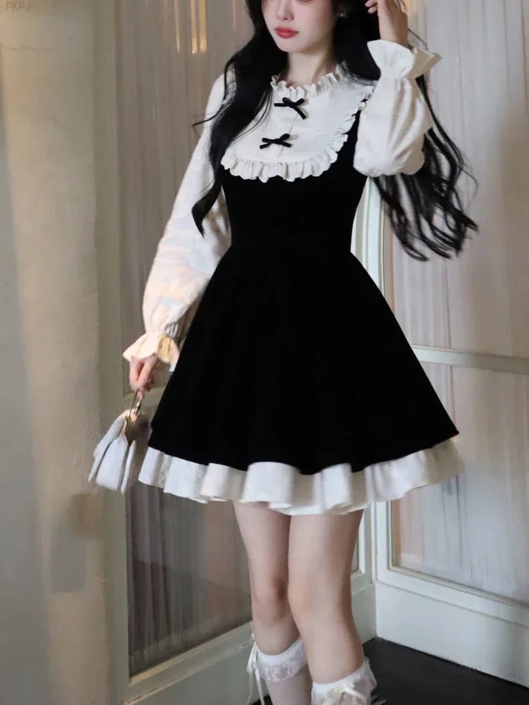 Black Puff Sleeve Korean Sweet Dress Women Ruffle Vintage France Party Mini Dress Female Elegant Bow Fake Two Piece Dress Winter