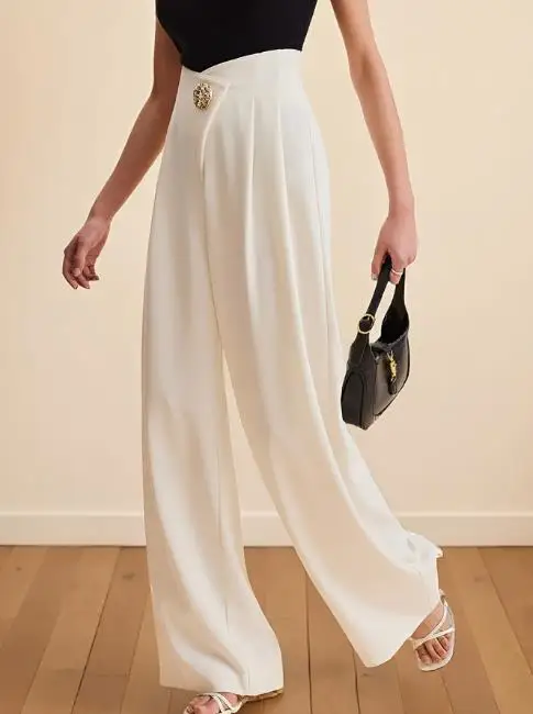 Casual Women's Elegant High Waist Wide Leg Pants with Asymmetrical Waist Pocket Temperament Commuting Female Fashion Loose Pants