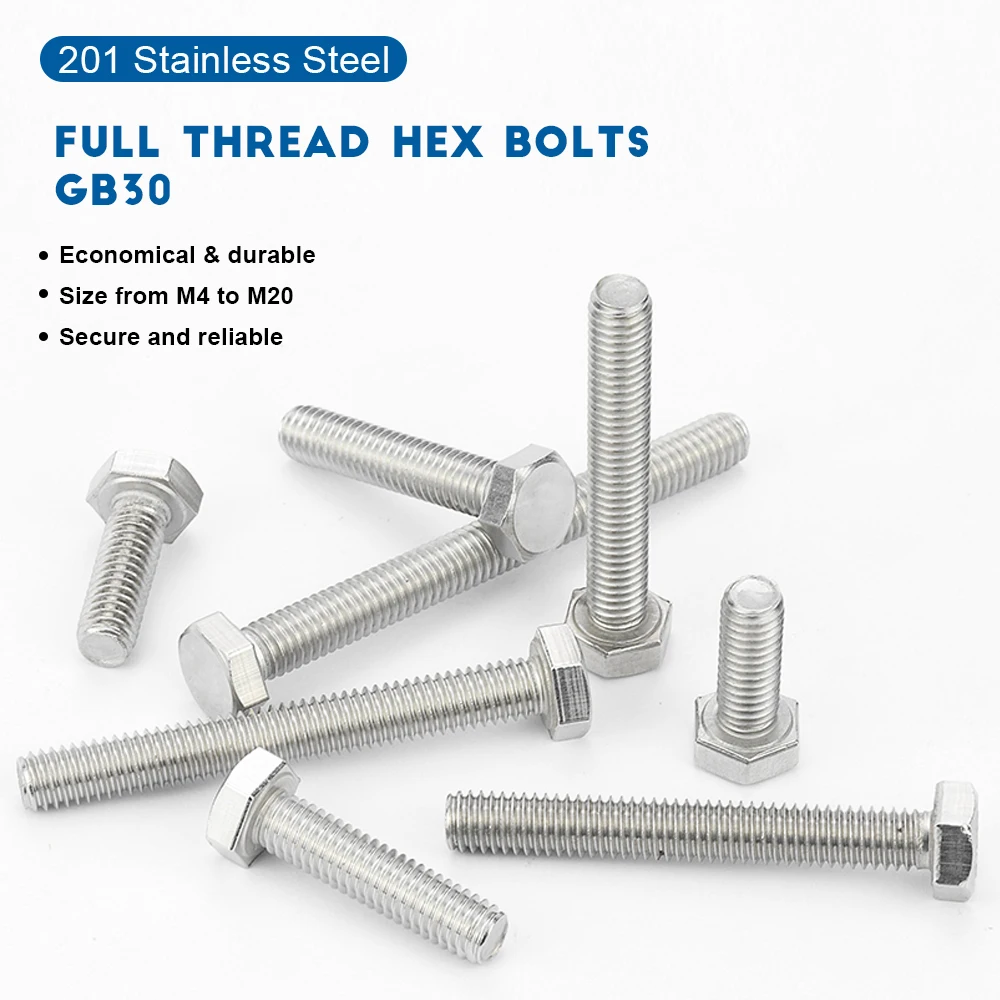 Full Thread External Hex Bolts 201 Stainless Steel M4 M5 M6 M8 M10 M12 M14 M16 M18 M20 M22 Outer Hexagon Head Bolt DIN933