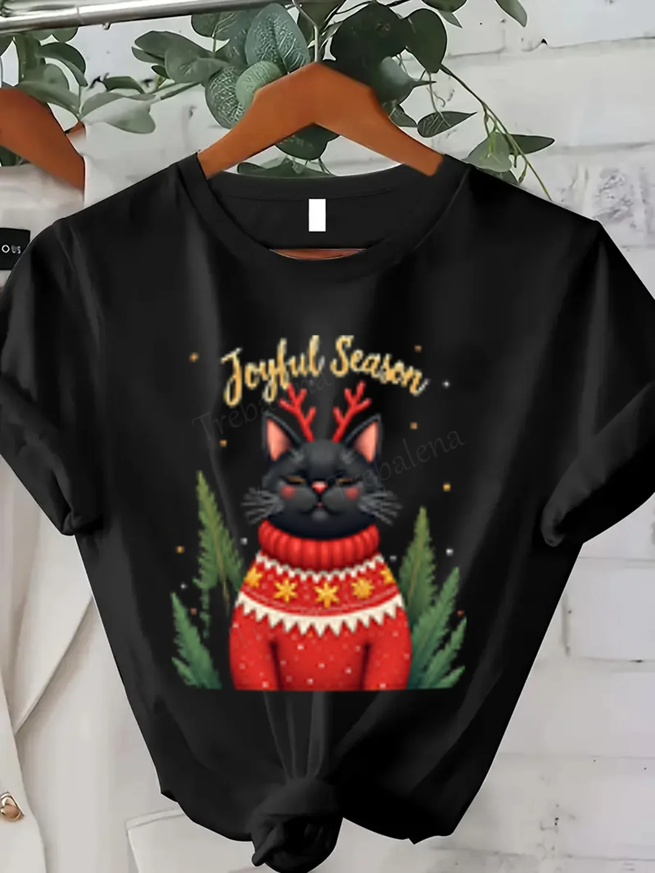 Women T-shirt Christmas Cat Sweater T-Shirt for Women, Joyful Season Print