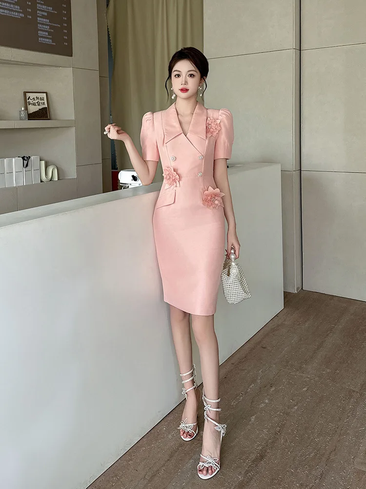 French Style Ladylike Exquisite Goddess Style Dignified and Elegant Formal Pink Hip-Hugging Dress Summer