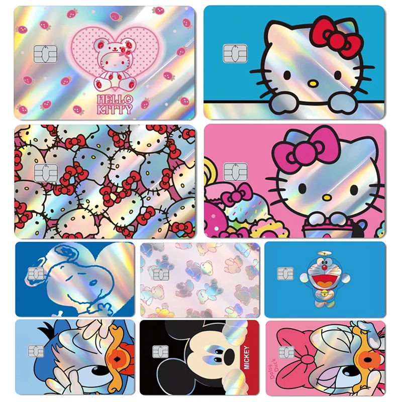 Hello Kitty Anime Cartoon Holographic Laser Shine Credit Debit Card Film Skin Sticker for Bus Metro Card Stickers Collect Gift