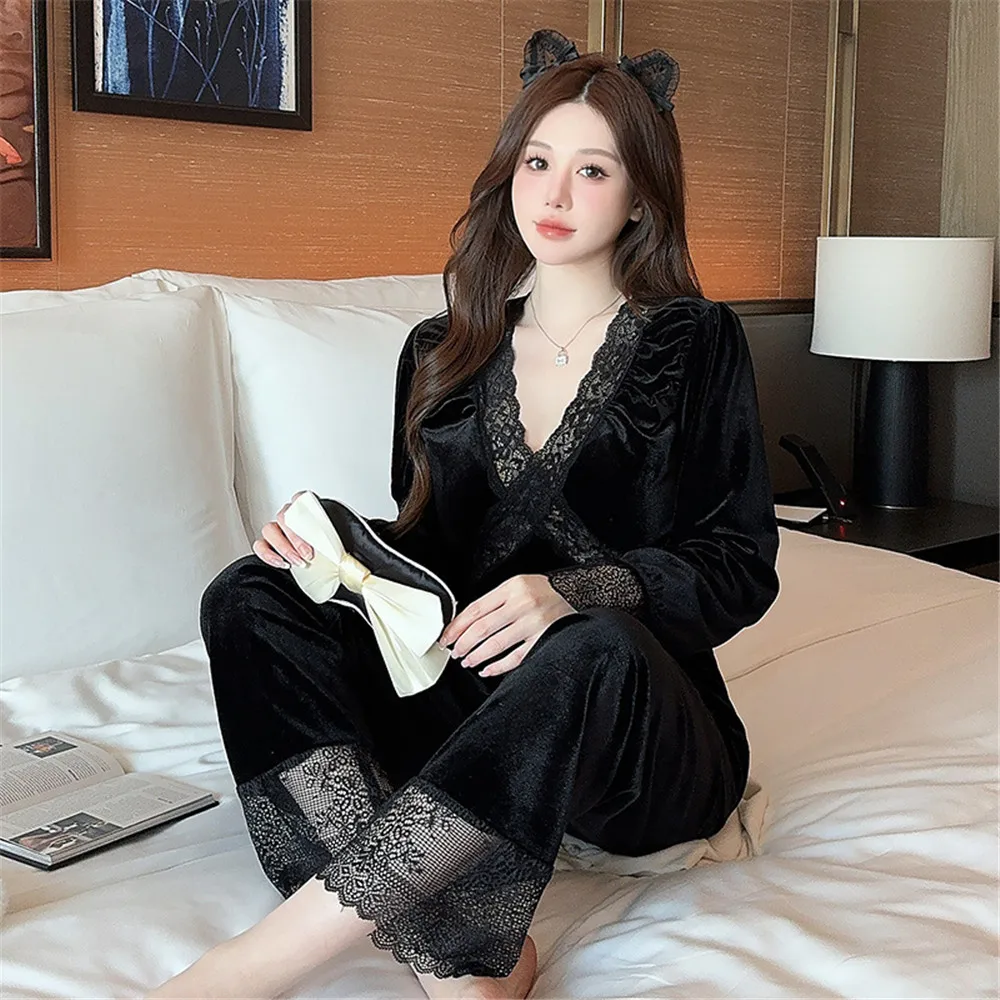 Women 2PCS Pajamas Set Sleepwear Casual Lace Patchwork Velvet Pullover Trouser Suits Loungewear Autumn Winter Velour Homewear